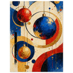 The Bauble Orchestra shows suspended circular ornaments and intersecting painted shapes in cobalt, vermilion, ochre and cream