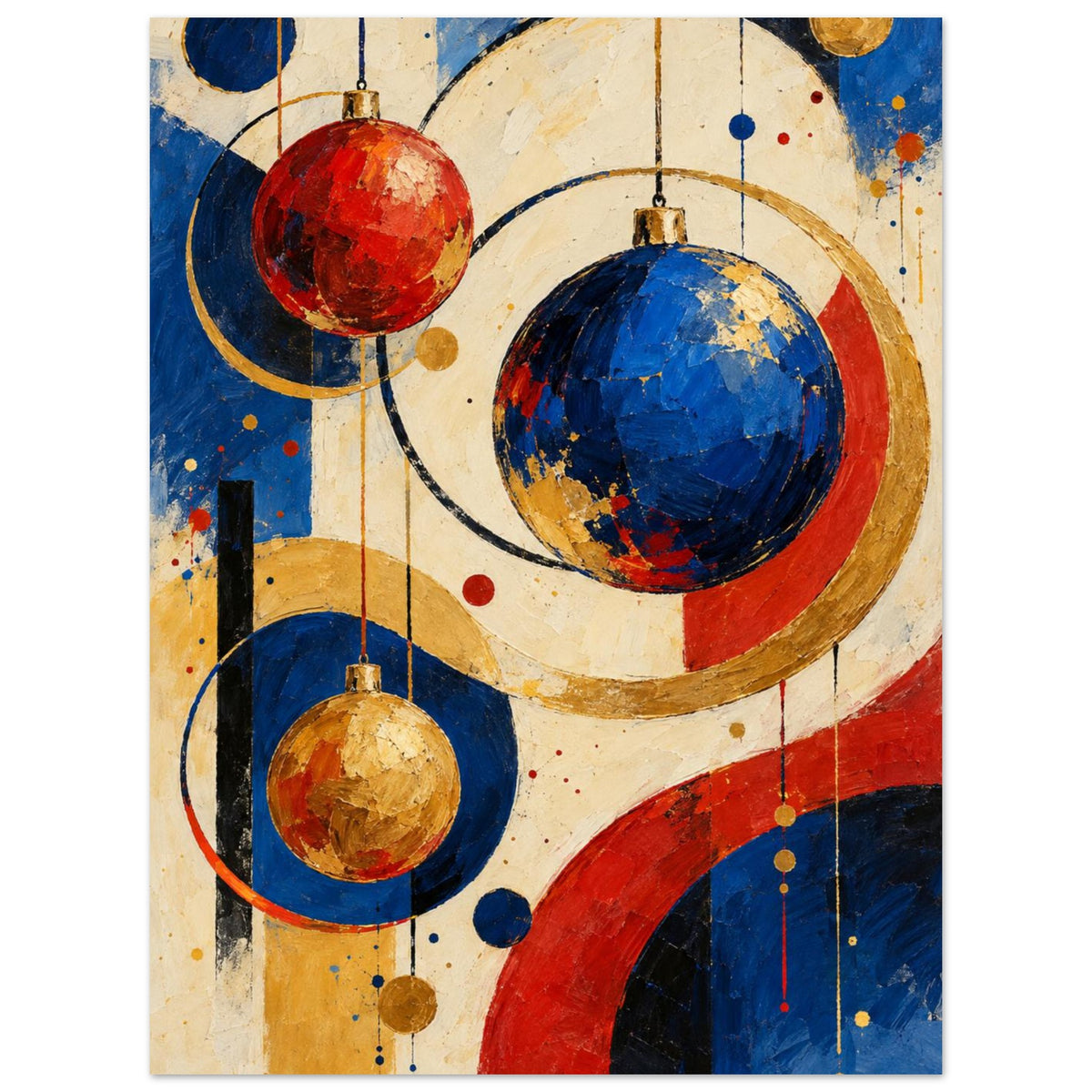 The Bauble Orchestra shows suspended circular ornaments and intersecting painted shapes in cobalt, vermilion, ochre and cream