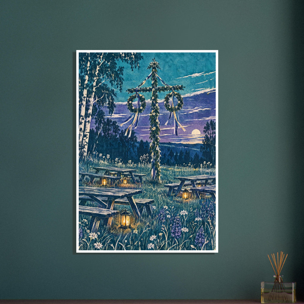 Midsummer pole with floral wreaths and ribbons among picnic tables, lanterns and wildflowers beneath a blue-purple sky.