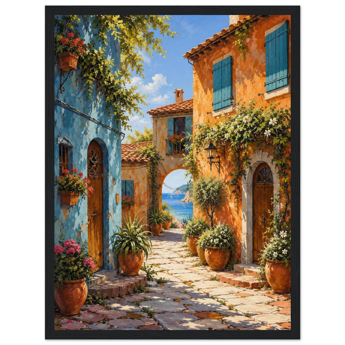 Coastal village lane with blue and orange buildings, potted flowers and a stone archway opening onto a sea view.