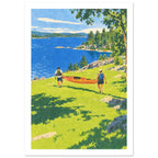 Two people carry an orange kayak down a green slope towards a blue lake edged with rocks and trees.