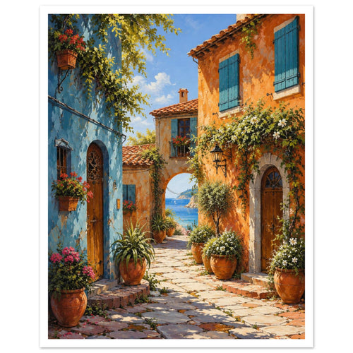 Coastal village lane between blue and orange houses, with teal shutters, flower pots and an archway overlooking the sea.