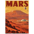 Mars travel poster with red lettering, orange rocky terrain, a flat-topped mountain and domed buildings under a golden sky.