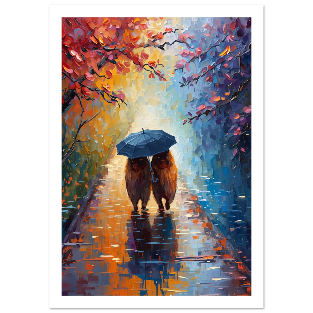 Two capybaras beneath a blue umbrella on a reflective wet path, framed by red and orange leaves in a painterly scene.