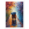 Two capybaras beneath a blue umbrella on a reflective wet path, framed by red and orange leaves in a painterly scene.