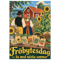 Fröbytesdag med fröpåsar och solroshuvuden på ett bord framför ett folkdräktspar och en röd stuga.
