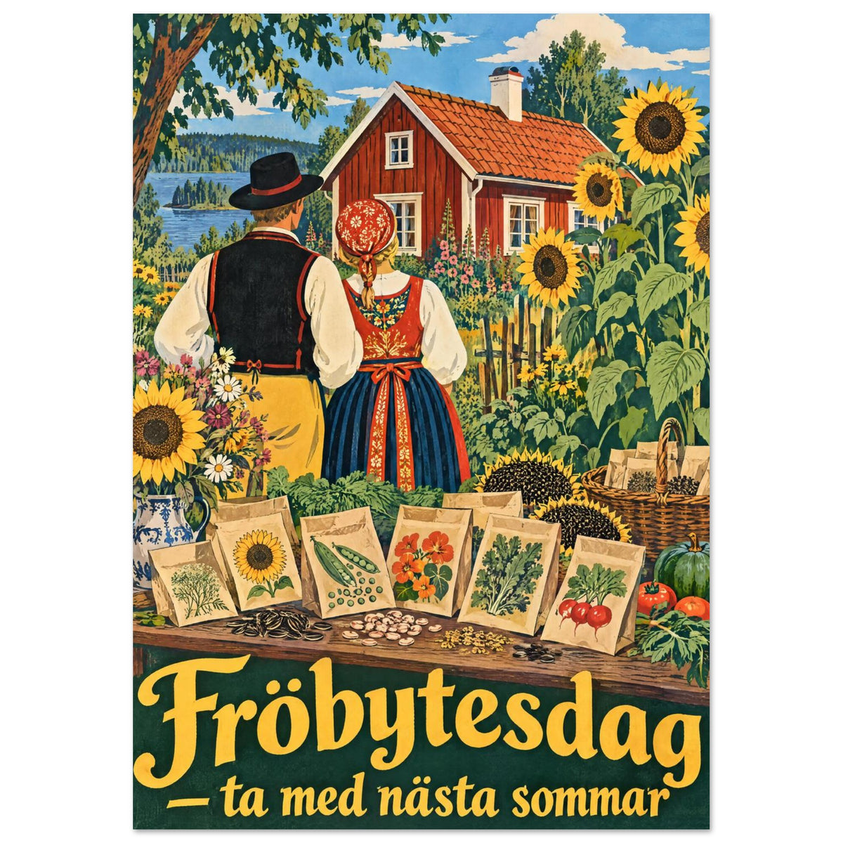 Fröbytesdag med fröpåsar och solroshuvuden på ett bord framför ett folkdräktspar och en röd stuga.