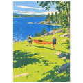 Two people carry an orange kayak down a green slope towards a blue lake edged with rocks and trees.