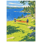 Two people carry an orange kayak down a green slope towards a blue lake edged with rocks and trees.