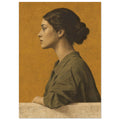 Woman in left-facing profile with dark hair in a bun and olive-brown clothing, against an ochre background.