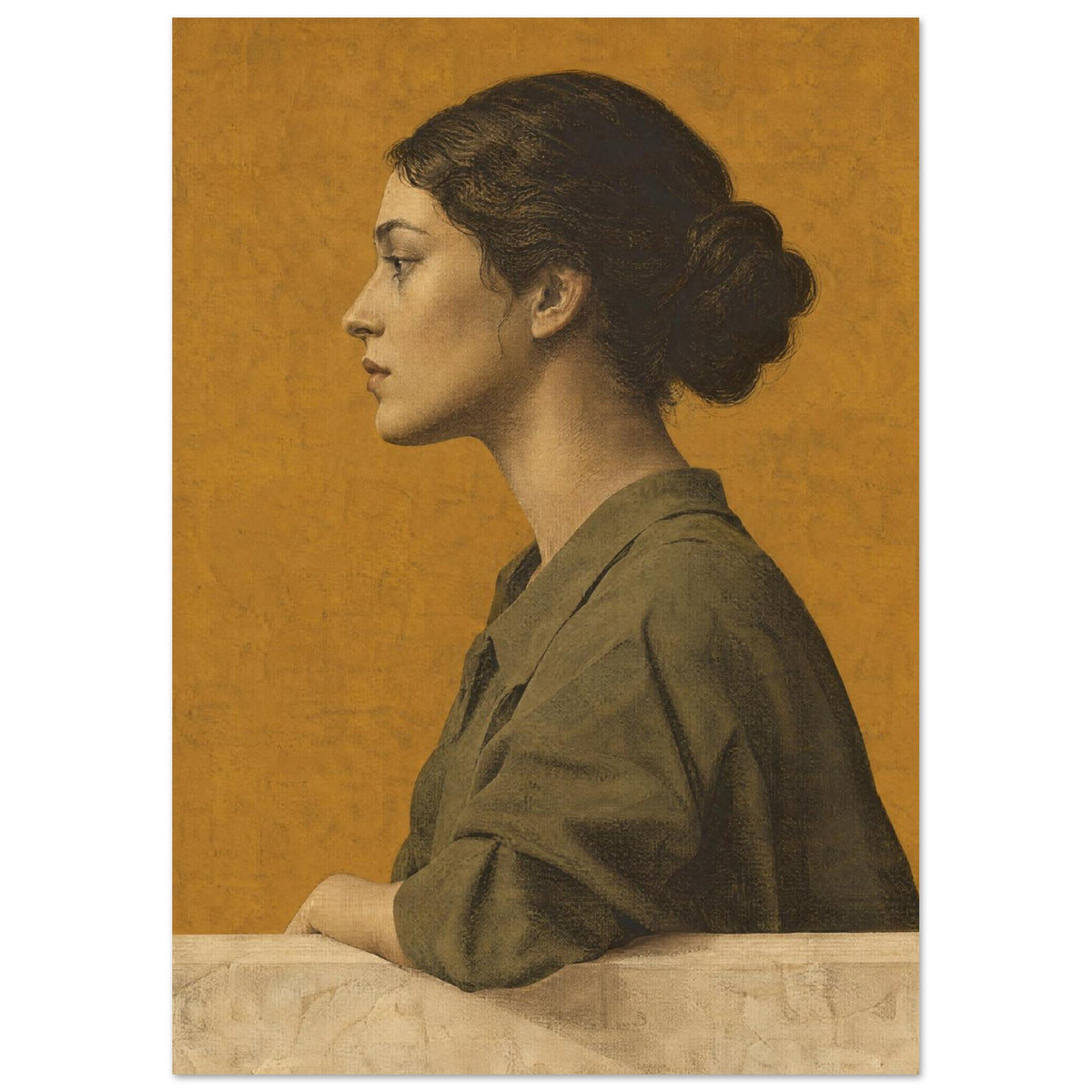 Woman in left-facing profile with dark hair in a bun and olive-brown clothing, against an ochre background.