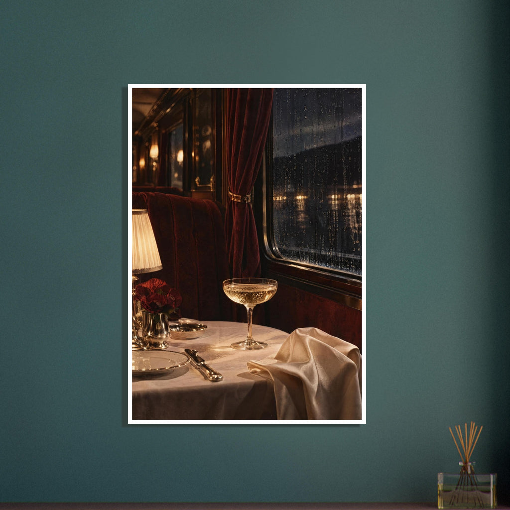 Train dining table with a coupe glass, glowing lamp and cream linen beside burgundy seating and a rain-streaked window.