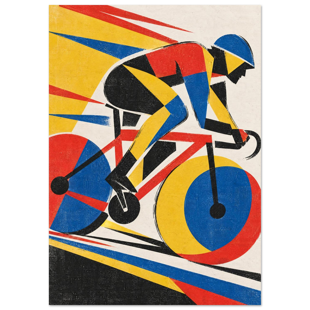 Geometric cyclist on a racing bicycle in red, yellow, blue and black, with diagonal streaks and distressed texture.