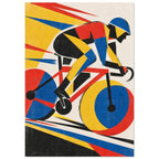 Geometric cyclist on a racing bicycle in red, yellow, blue and black, with diagonal streaks and distressed texture.