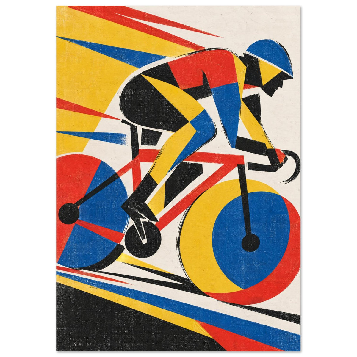 Geometric cyclist on a racing bicycle in red, yellow, blue and black, with diagonal streaks and distressed texture.