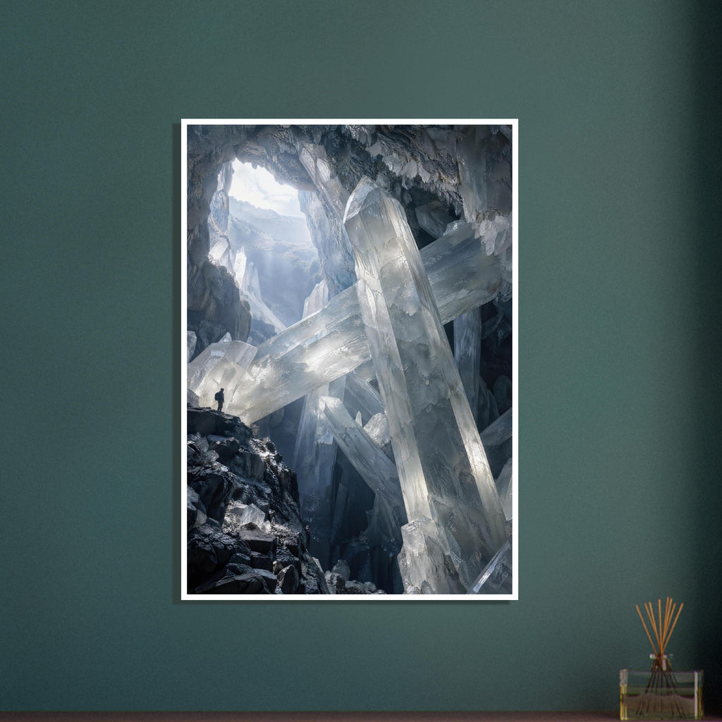 Giant translucent crystals cross a dark rocky cavern, with light entering above and a small figure standing on a ledge.