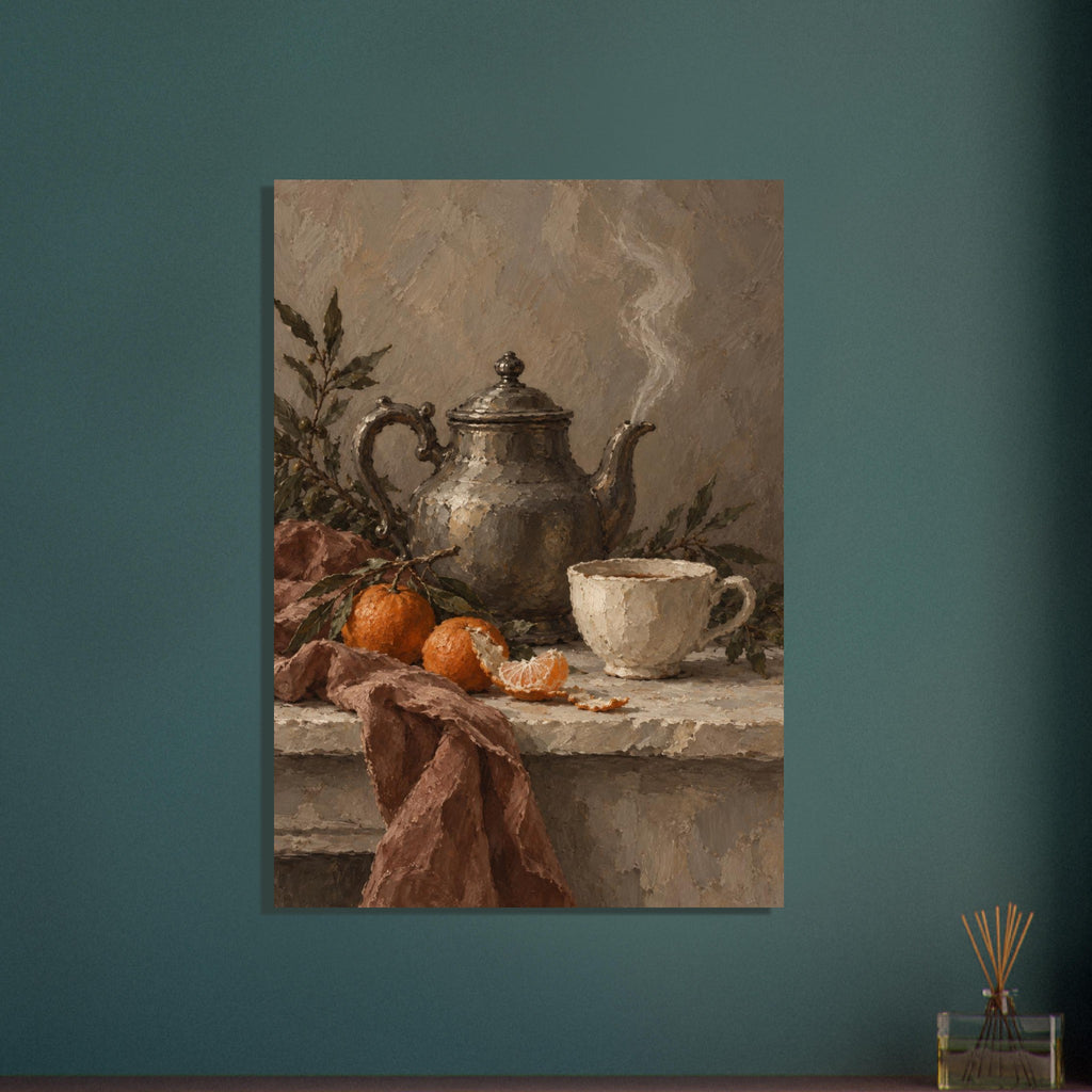 Metal teapot with rising steam, cream cup, oranges and leafy branches on a stone ledge draped with brown cloth.