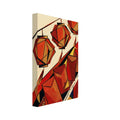 Three angular red and ochre lanterns hang above red envelopes, with bold black outlines and diagonal bands on cream.