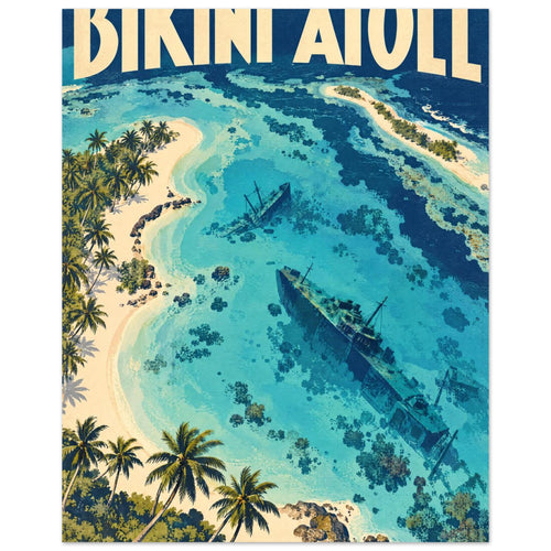 Bikini Atoll poster with cream lettering above turquoise lagoon waters, submerged shipwrecks and palm-lined sandy islands.
