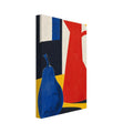 Blue pear and tall red jug on a yellow table, with dark shadows, a cream background and a yellow circle above.
