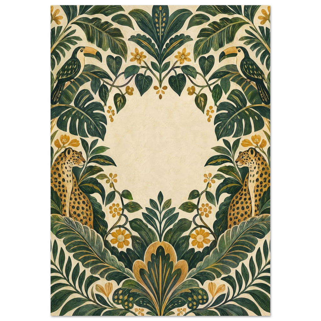 Two toucans and two spotted big cats among symmetrical green leaves and golden flowers around an empty cream centre.