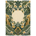 Two toucans and two spotted big cats among symmetrical green leaves and golden flowers around an empty cream centre.