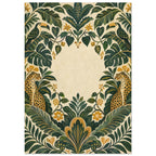 Two toucans and two spotted big cats among symmetrical green leaves and golden flowers around an empty cream centre.