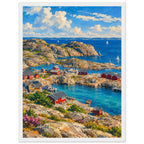 Rocky harbour with red cabins, wooden jetties and sailboats on blue water beneath cream clouds, with flowers in front.