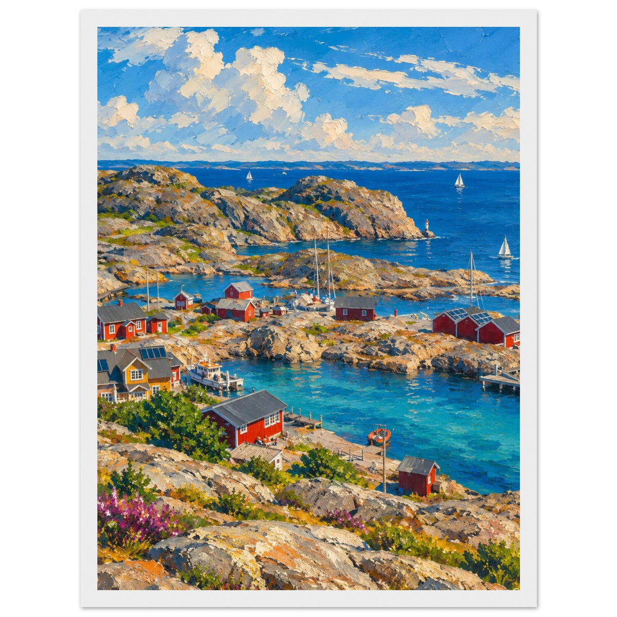 Rocky harbour with red cabins, wooden jetties and sailboats on blue water beneath cream clouds, with flowers in front.