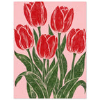 Five red tulips with dark green stems and sweeping leaves on a pink background, illustrated with textured carved lines.