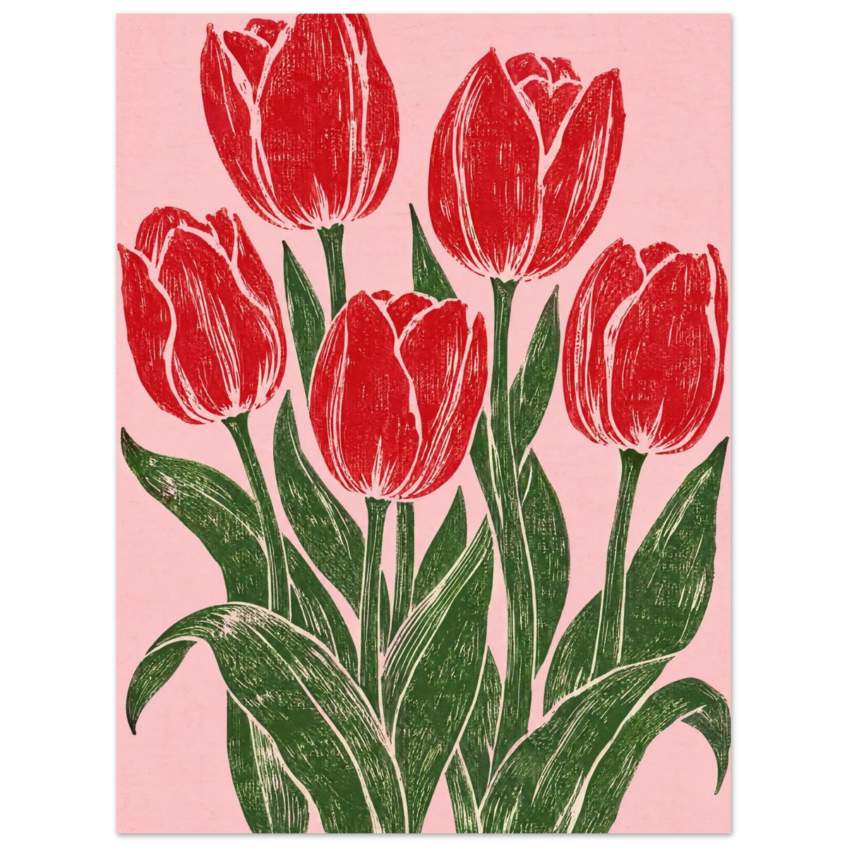 Five red tulips with dark green stems and sweeping leaves on a pink background, illustrated with textured carved lines.