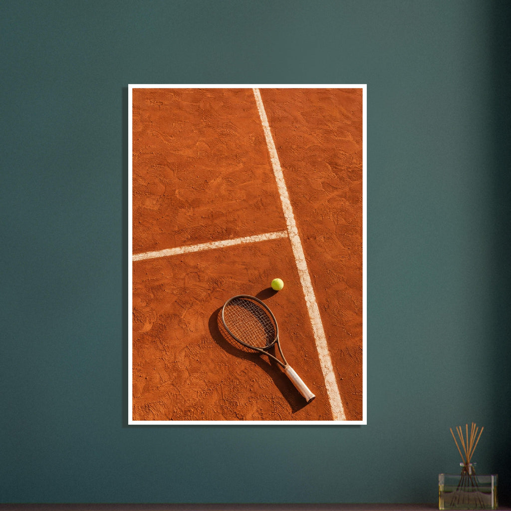 Tennis racket and yellow-green ball on an orange clay court, with white lines, footprints and strong shadows.