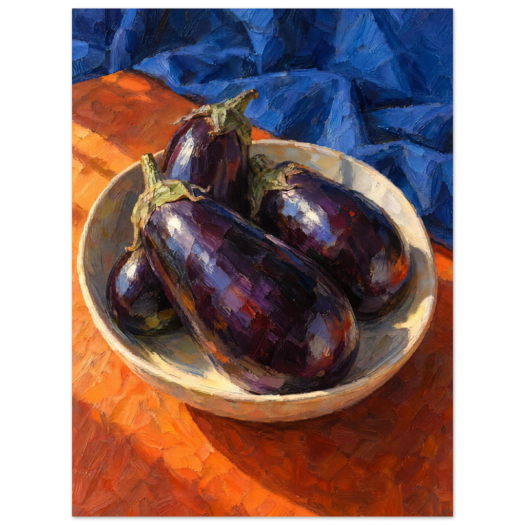 Purple aubergines in a shallow cream bowl on an orange surface, with folded blue fabric and bold visible brushstrokes.