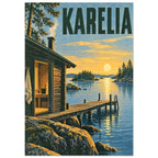 Karelia travel poster with a timber sauna, wooden jetty, rocky lake shore and pine islands beneath a golden sun.