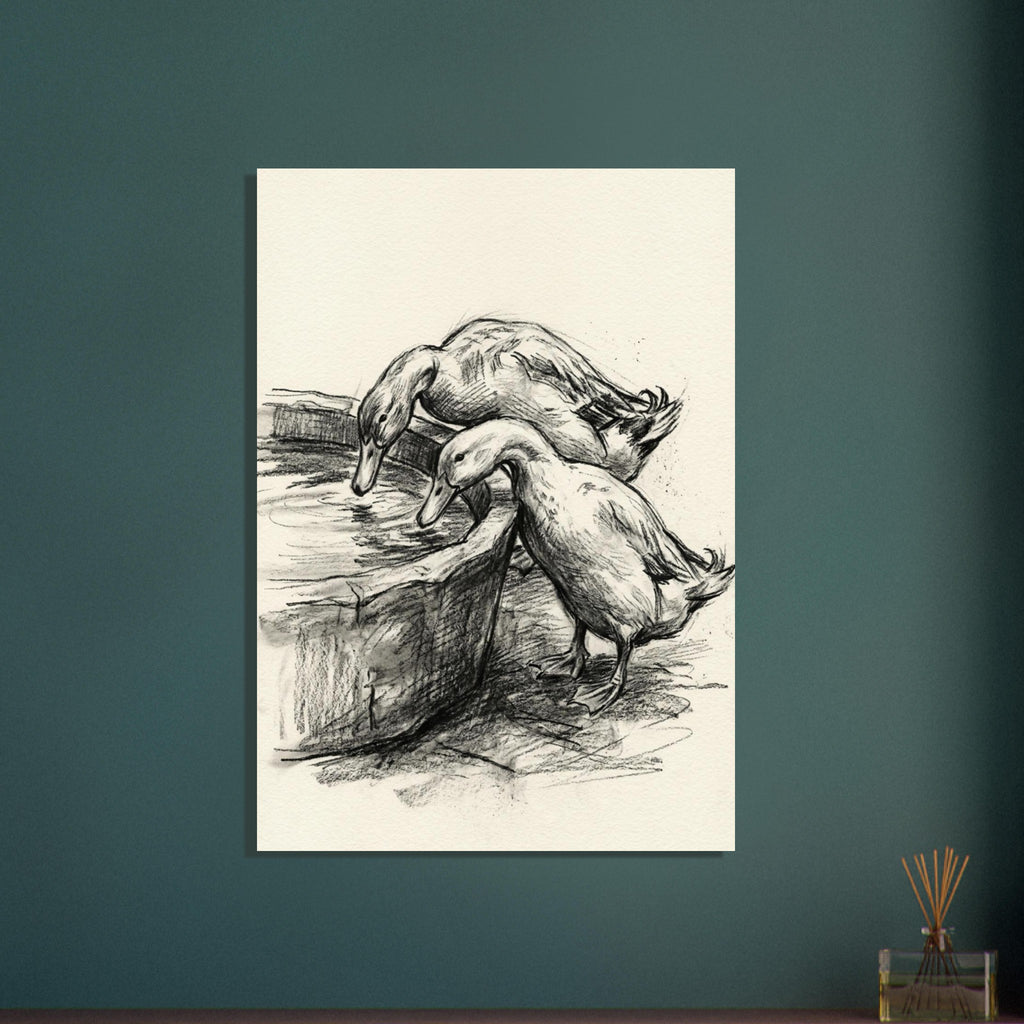 Two ducks leaning towards water in a rounded trough, drawn with dark sketch lines and shading on a cream background.