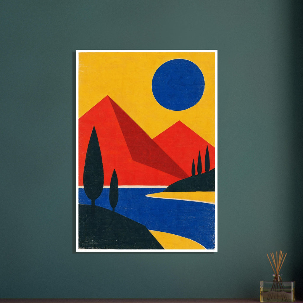 Red geometric mountains beneath a blue sun in a yellow sky, with dark slender trees beside winding blue water.