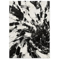 Abstract black and white brushstrokes with thick ridged marks, sweeping curves, scraped edges and white paint drips.