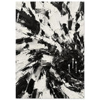 Abstract black and white brushstrokes with thick ridged marks, sweeping curves, scraped edges and white paint drips.