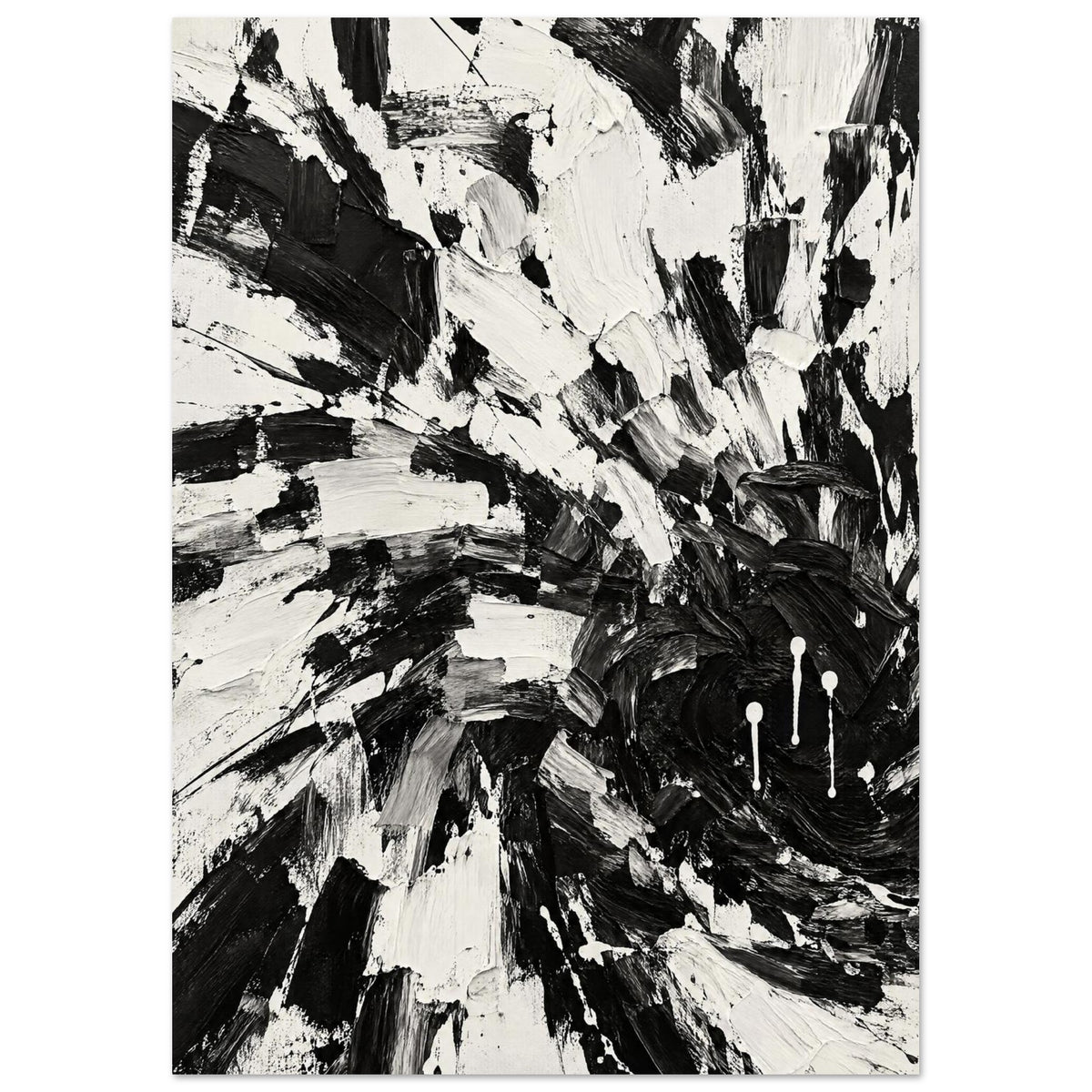 Abstract black and white brushstrokes with thick ridged marks, sweeping curves, scraped edges and white paint drips.