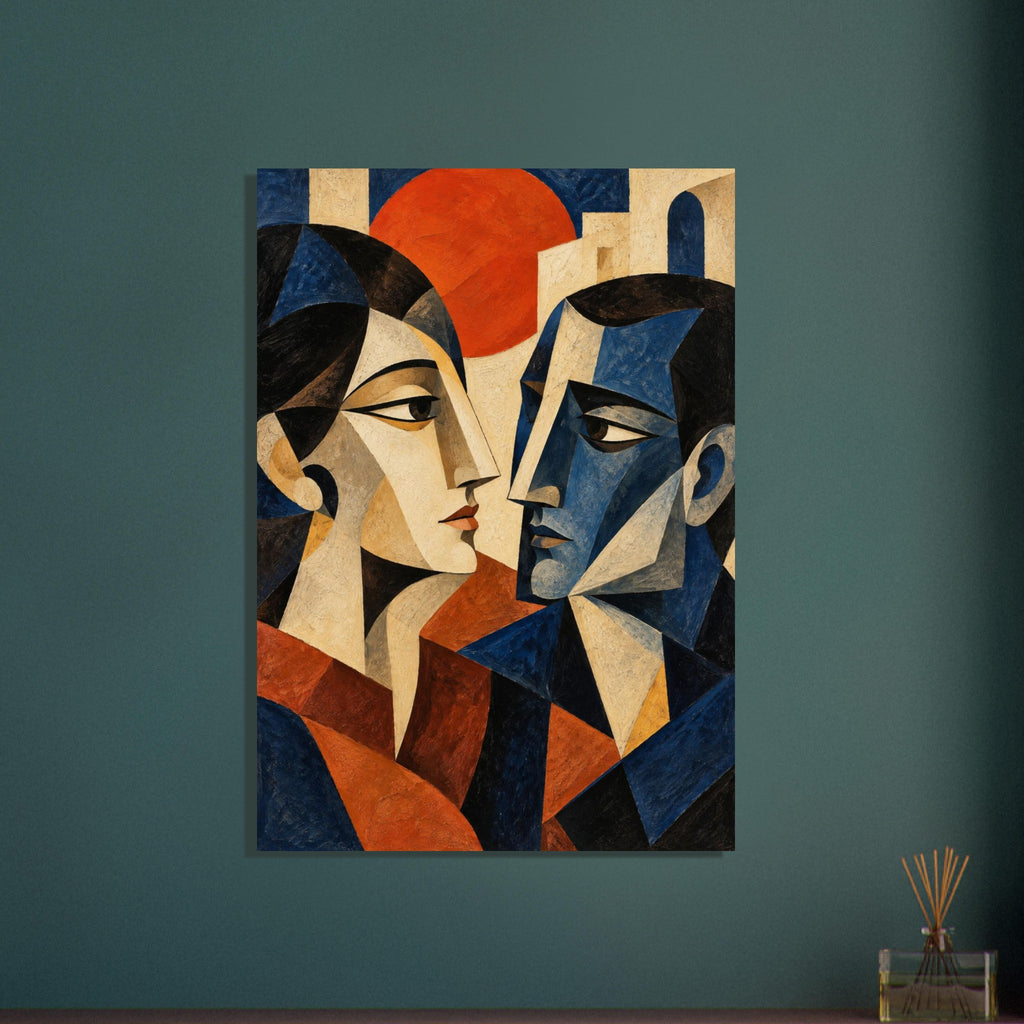 Two angular faces looking towards each other in blue, cream and orange, with pale buildings and a large orange disc behind.