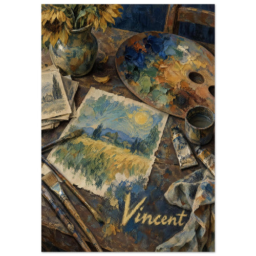 Artist’s palette, sunflowers, brushes and paint tubes around a landscape painting, with ‘Vincent’ lettering below.