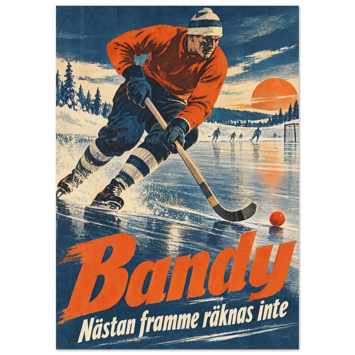 Bandyspelare i blå kläder lutar sig fram över isen med klubban mot bollen och texten Nästan framme räknas inte.