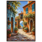Coastal village lane with blue and orange buildings, potted flowers and a stone archway opening onto a sea view.