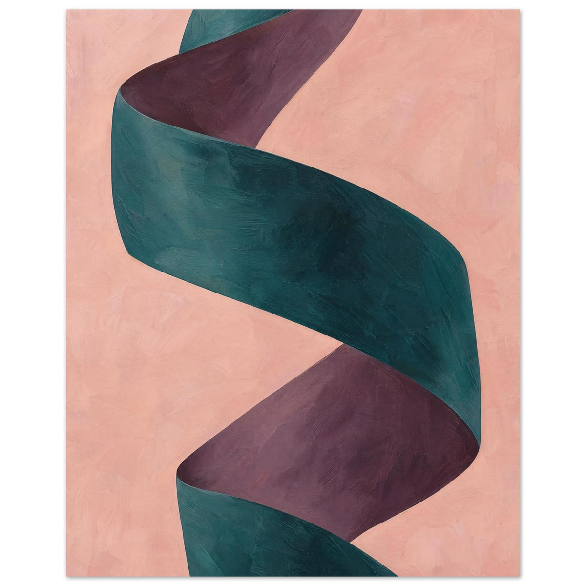 Twisting teal ribbon with plum-coloured inner folds on a textured peach background.