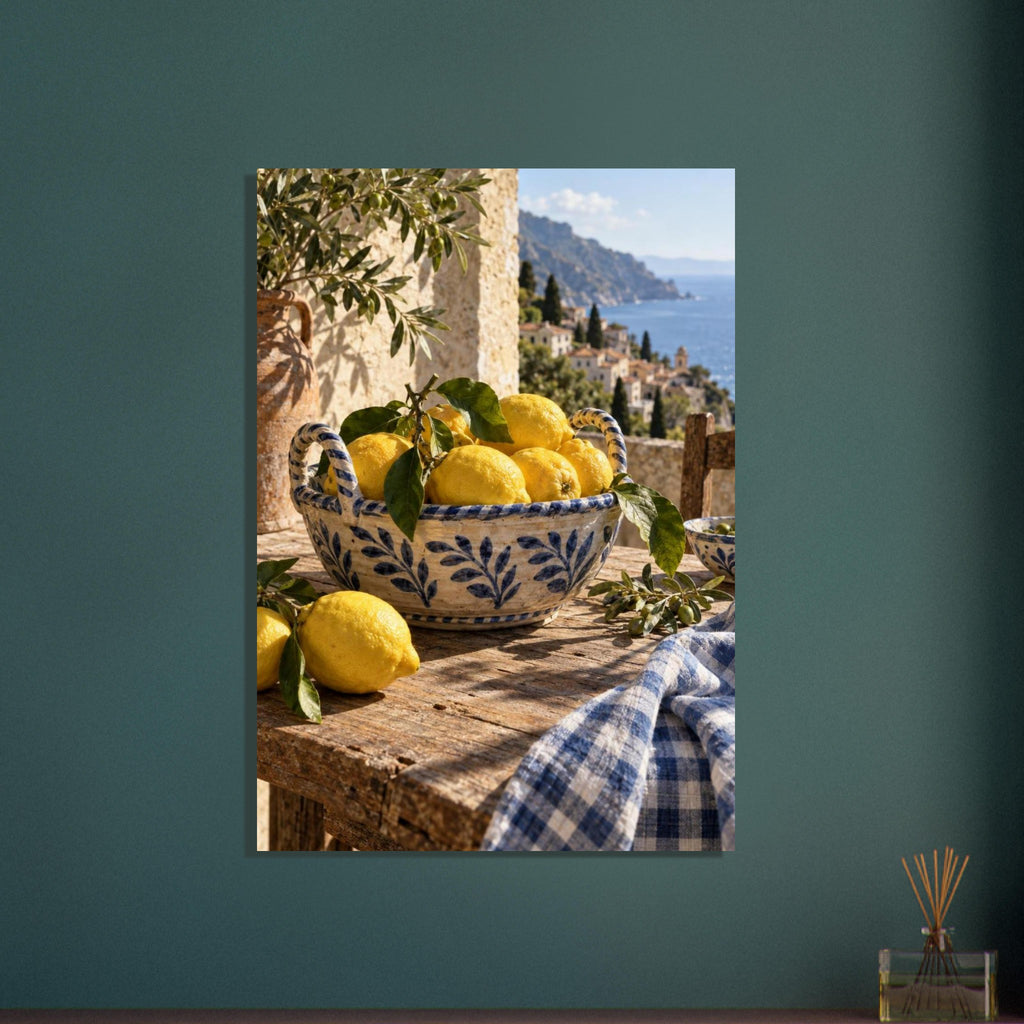 Lemons in a blue-and-white bowl on a wooden table, with olive branches, checked cloth and a coastal village beyond.