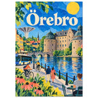 Örebro med slottet i Svartån, Svampen, en buss och cyklister i en färgstark komposition av klippt papper.