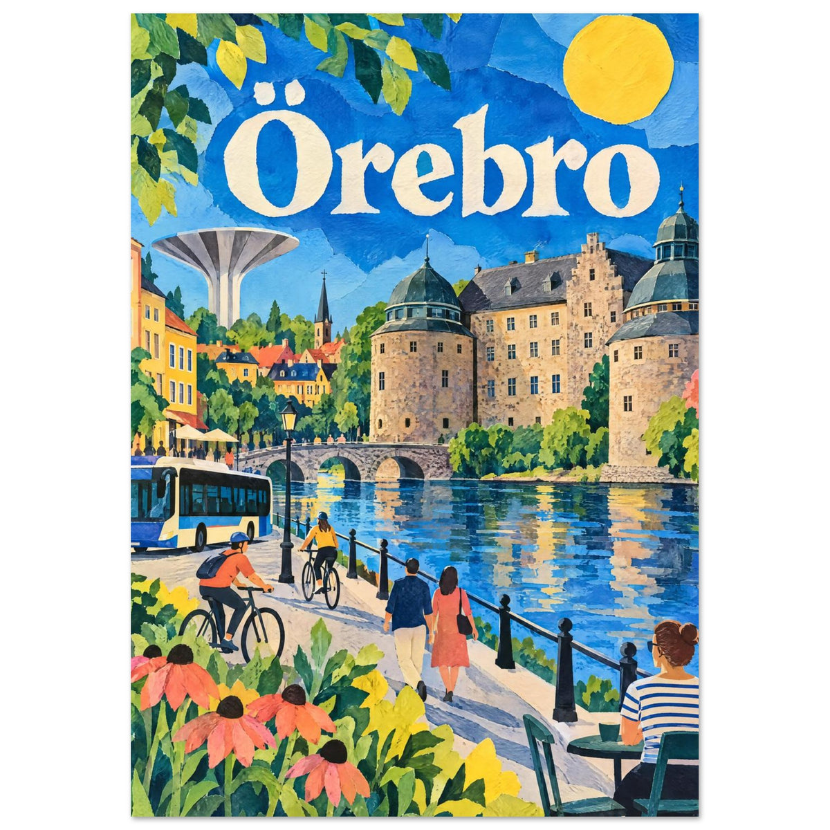 Örebro med slottet i Svartån, Svampen, en buss och cyklister i en färgstark komposition av klippt papper.