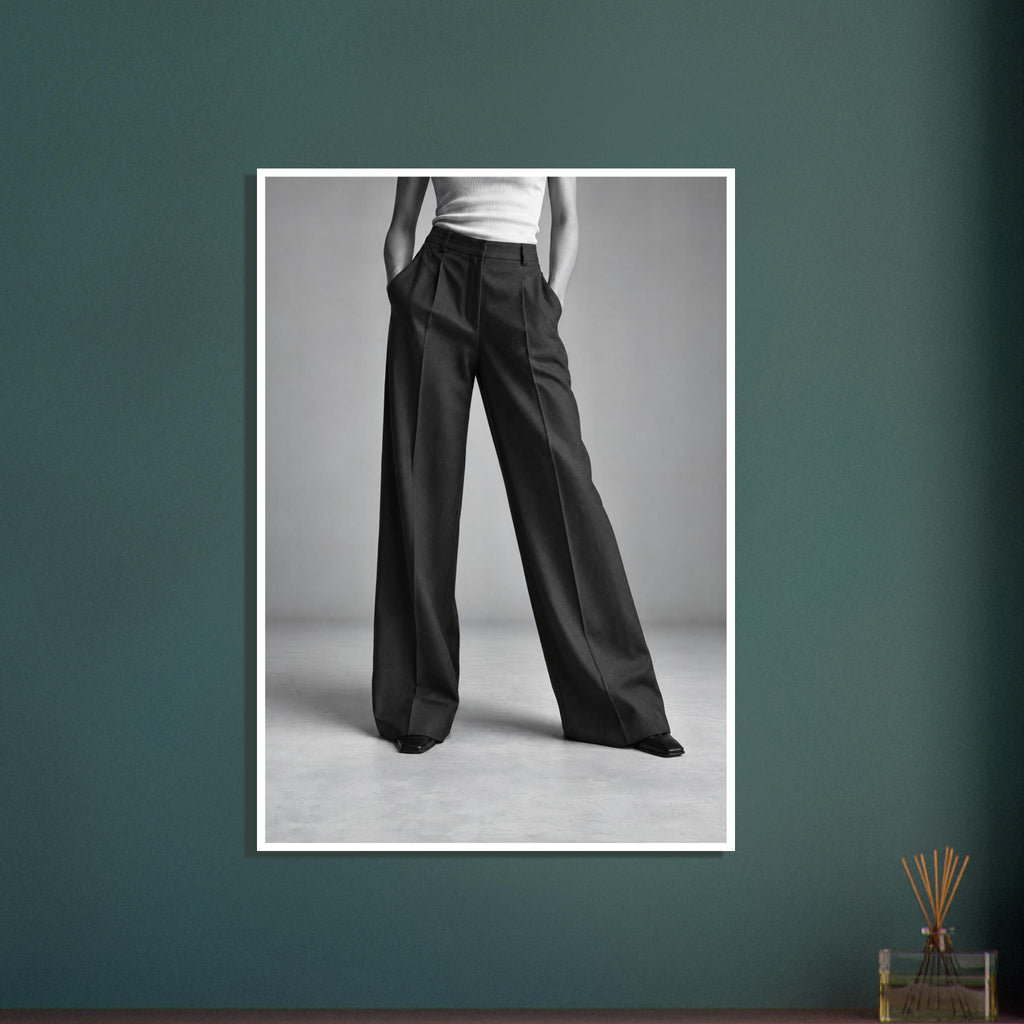 Cropped figure in dark wide-leg trousers, a white ribbed top and pointed shoes, standing with hands in pockets.