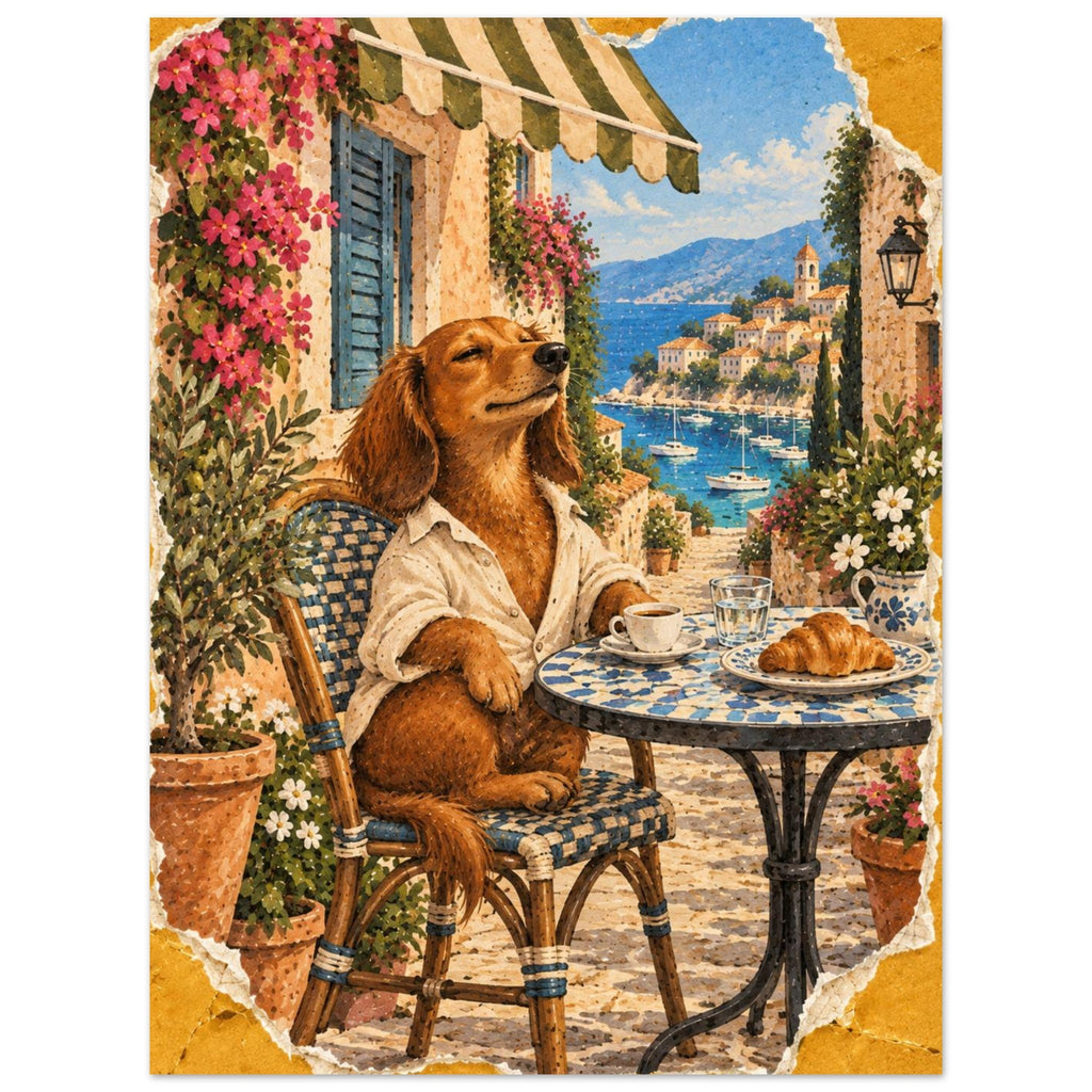 Golden-brown dog in a cream shirt at a café table with coffee and a croissant, overlooking a flower-lined harbour.