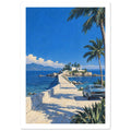 Coastal causeway leading to a white building, with blue sea, distant mountains, palm trees and a parked vintage car.